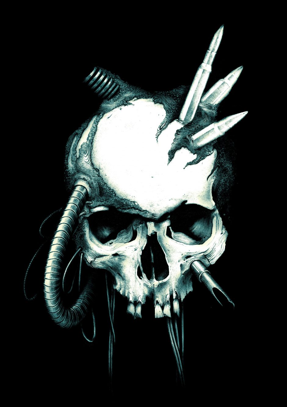 Manza April Darkart Ballpointpen Artist Illustration METAL Skull mecha bioorganic cables