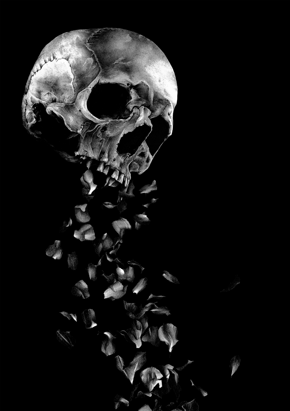 Manza April Darkart Ballpointpen Artist Illustration SkullFlakes Petals Skull