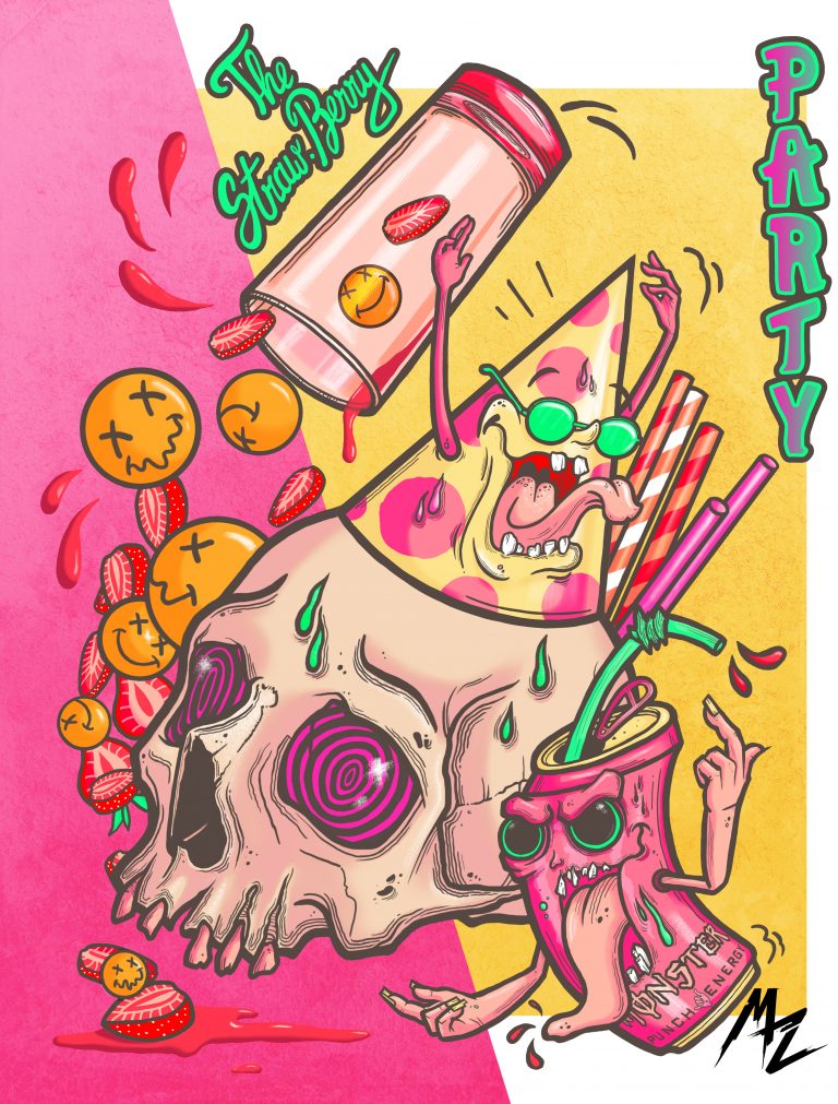 Manza April Darkart Ballpointpen Artist Illustration DIGITAL The Strawberry Party Monster Can Party Hat skull rave