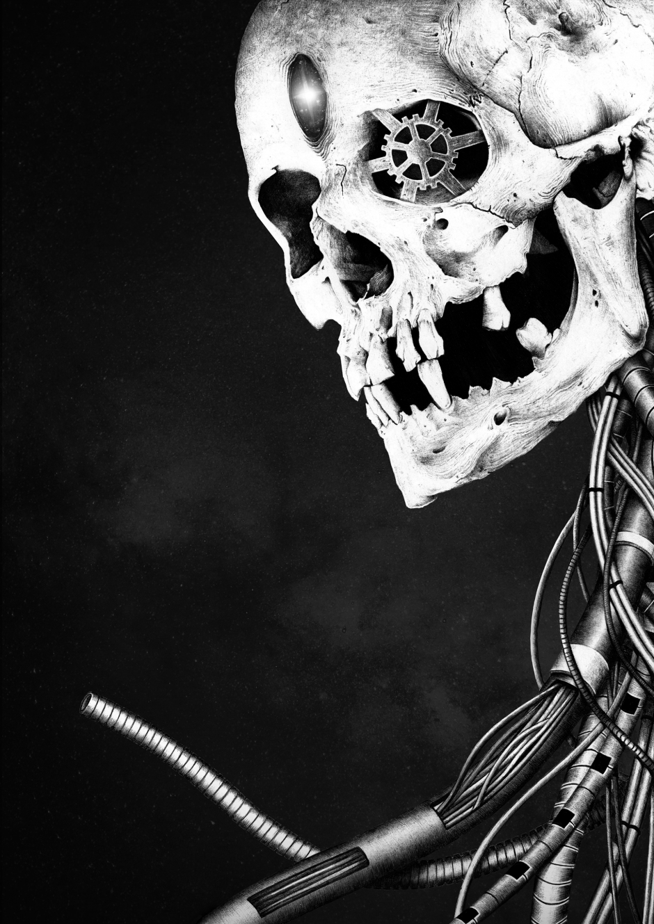 Manza April Darkart Ballpointpen Artist Illustration Nova Skull mecha bioorganic cables gear stars